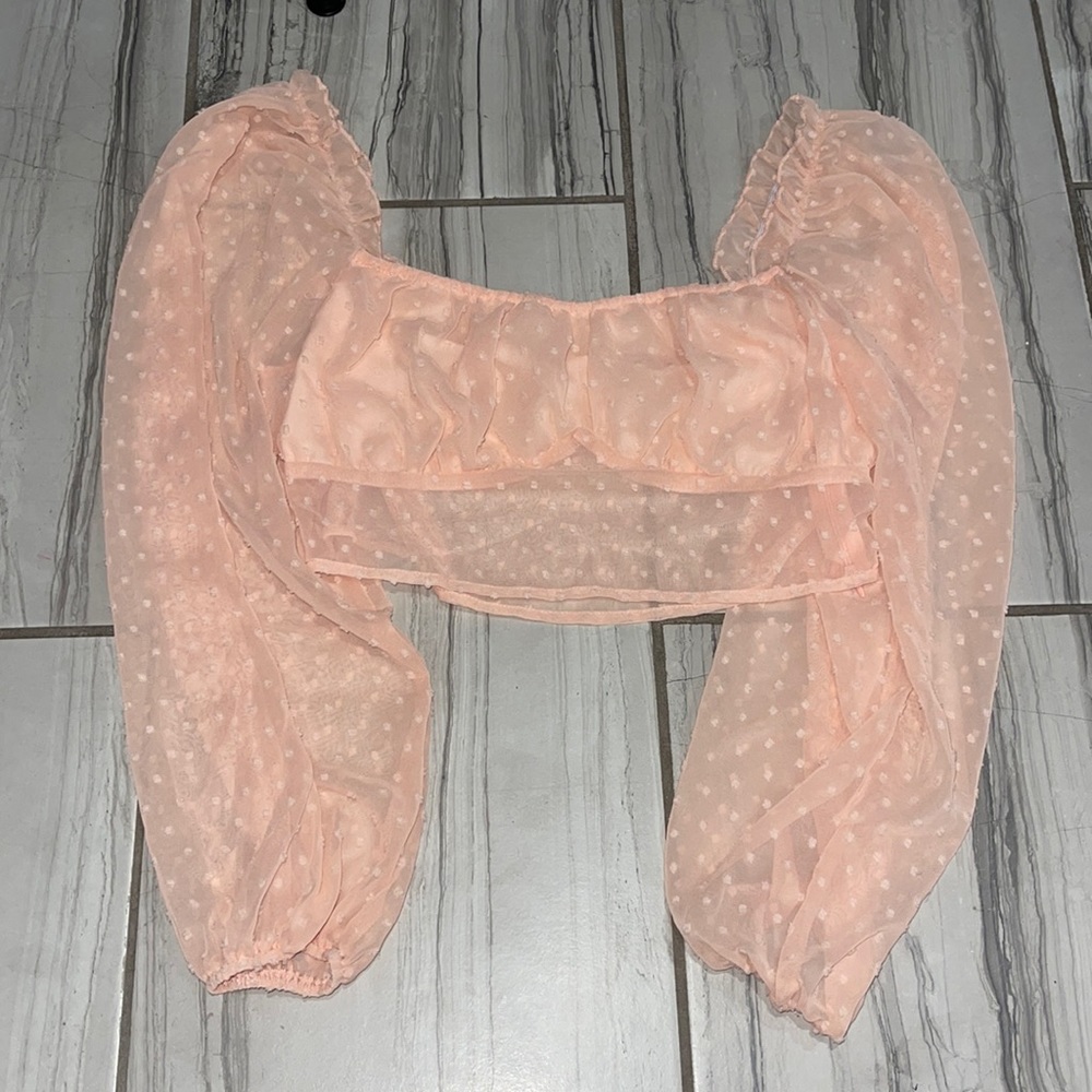 Pink see through long sleeved cropped top